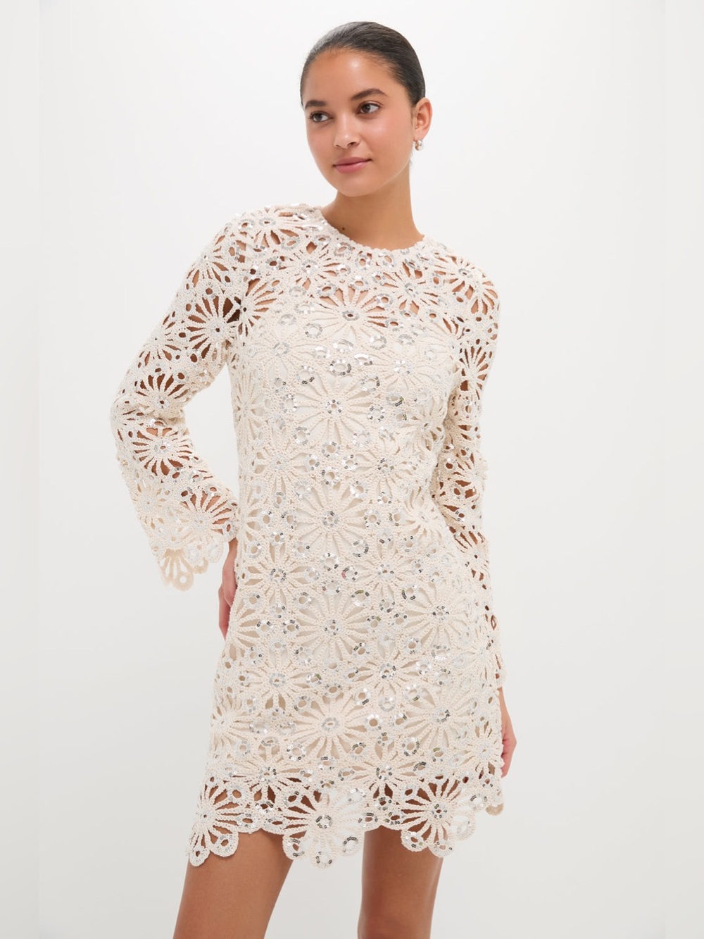 Hyacinth House Beige Sequined Crochet Carrie Mini Dress S